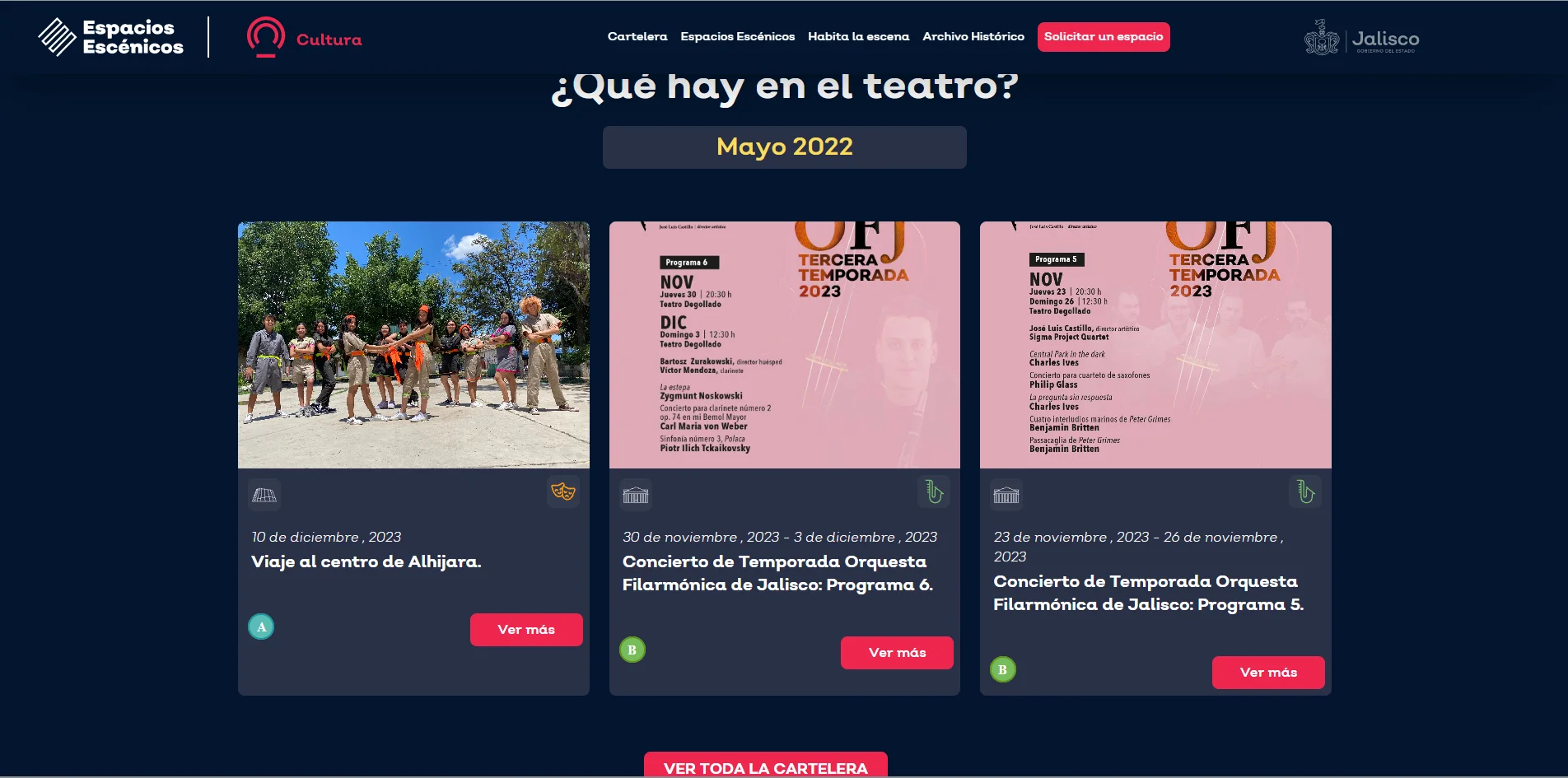 Espacios Escénicos event listings with theater and orchestral performance cards.