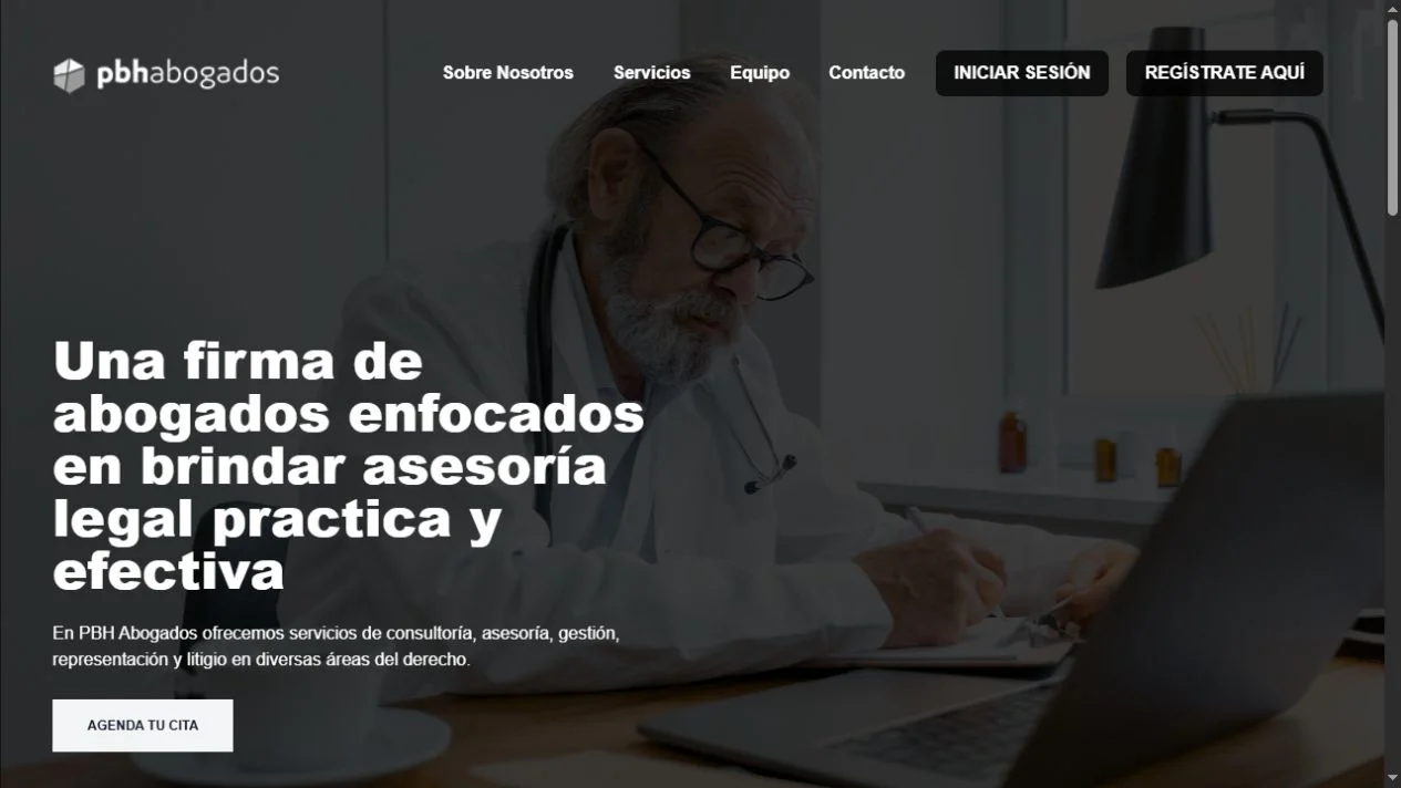 PBH Abogados homepage with legal services introduction, sign-in links, and appointment booking.