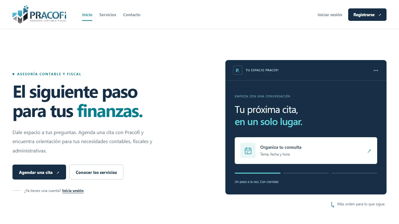 Pracofi accounting services homepage and booking dashboard overview.