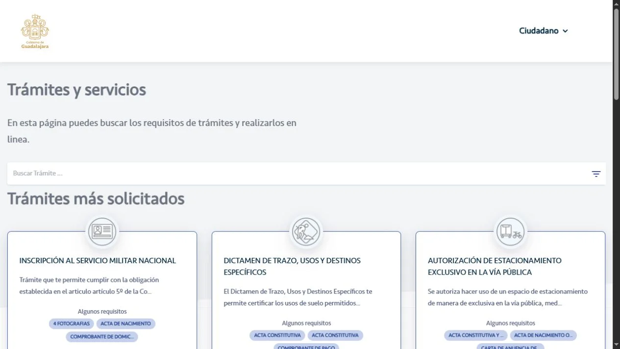 Guadalajara digital services homepage with a procedure search and service cards.